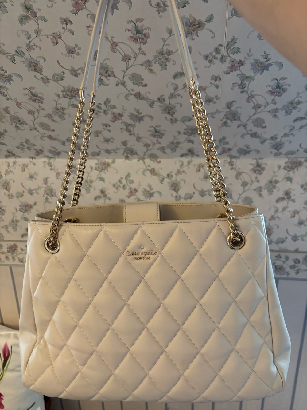 kate spade Quilted Shoulder Tote in white with Gold Chain